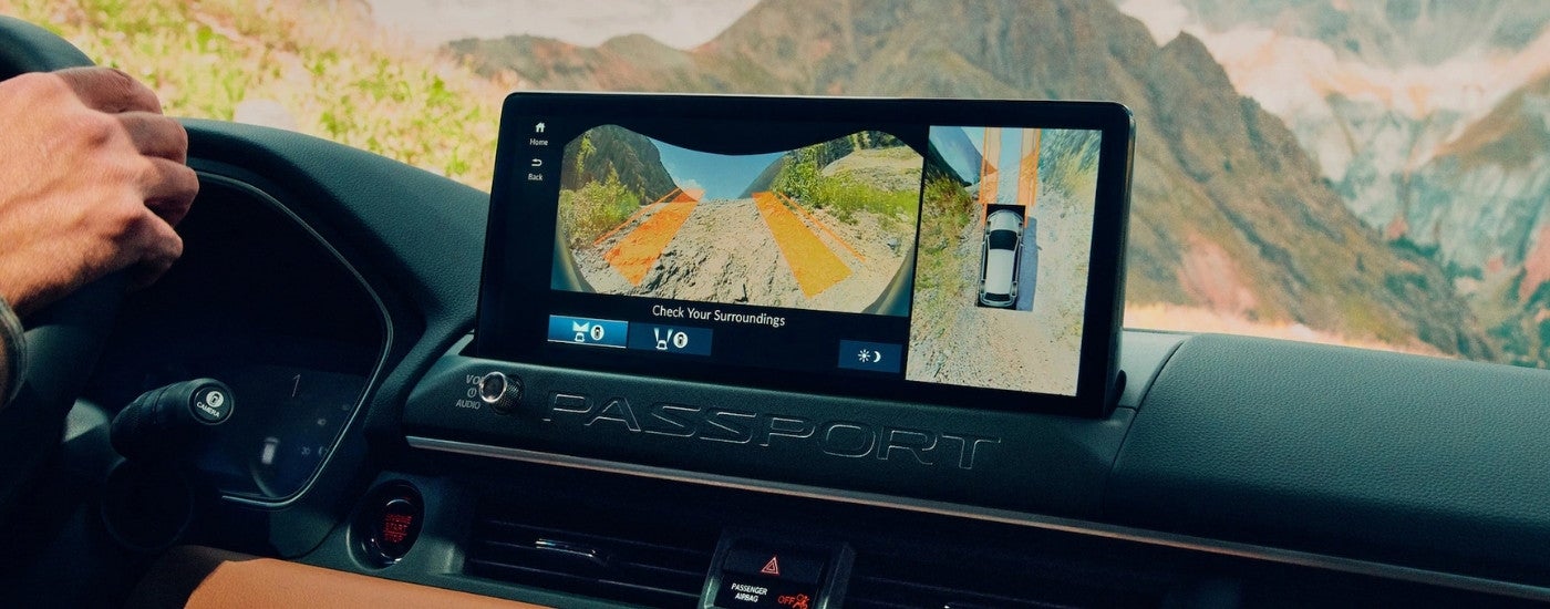 Surround view monitors on a 2026 Honda Passport Elite Trailsport infotainment display.