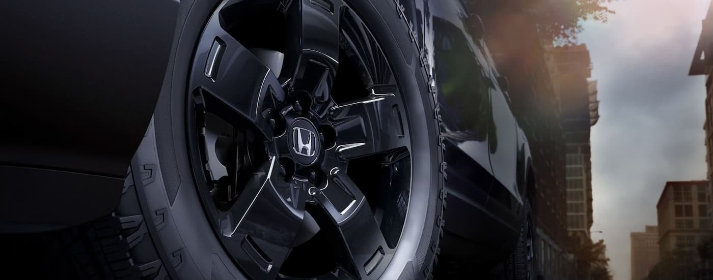 Close-up of a wheel on a black 2026 Honda Ridgeline Black Edition.